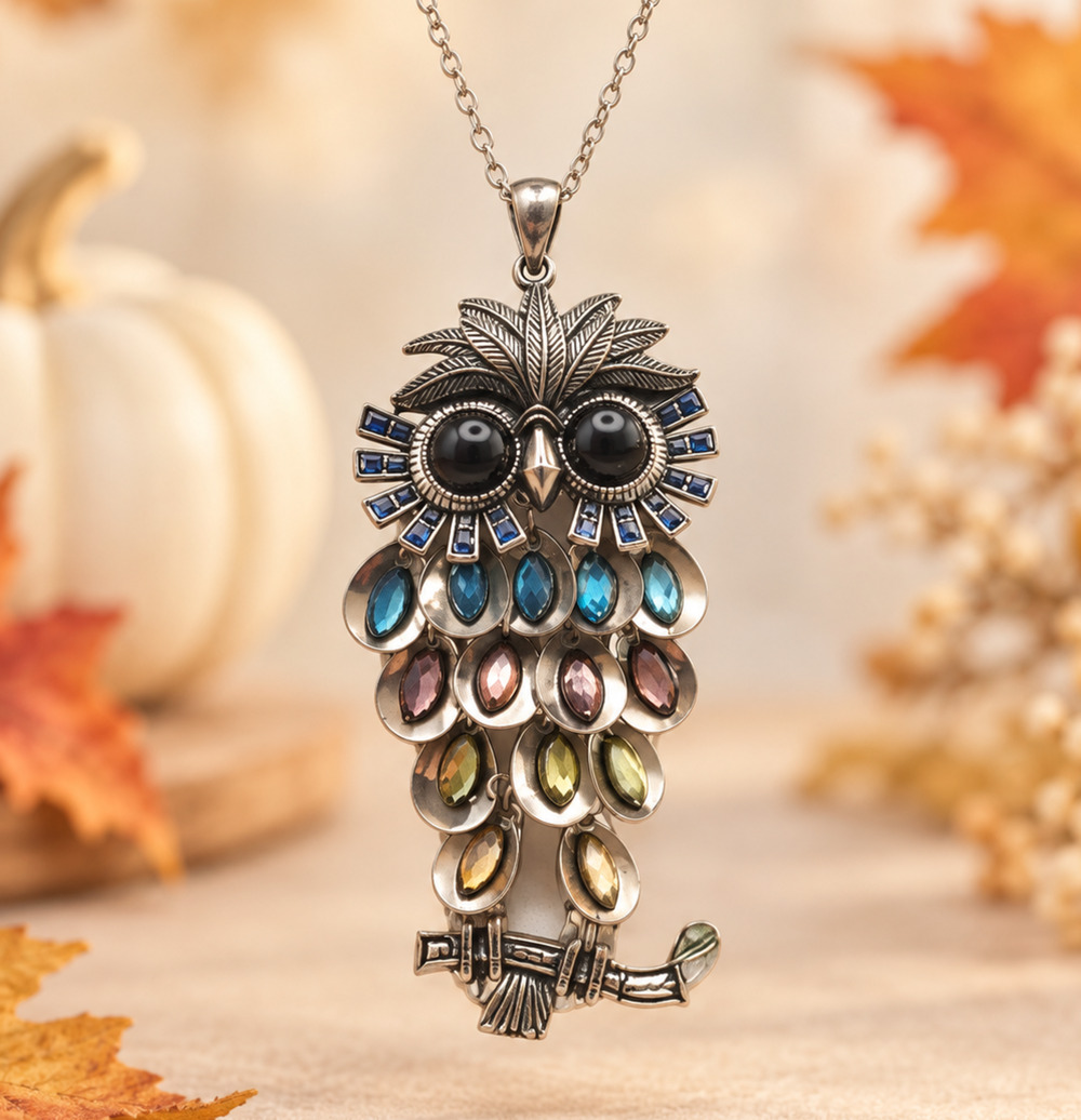 Vintage Articulated Owl Necklace Multicolor Rhinestone Silver Tone 3.75” Boho